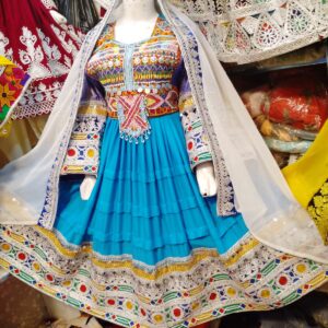 Afghani Frock in Lelan with embroidered shawl and trouser