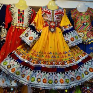 Yellow Afghani frock with shawl and trouser