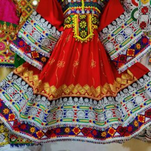 Red Afghani frock with shawl and trouser