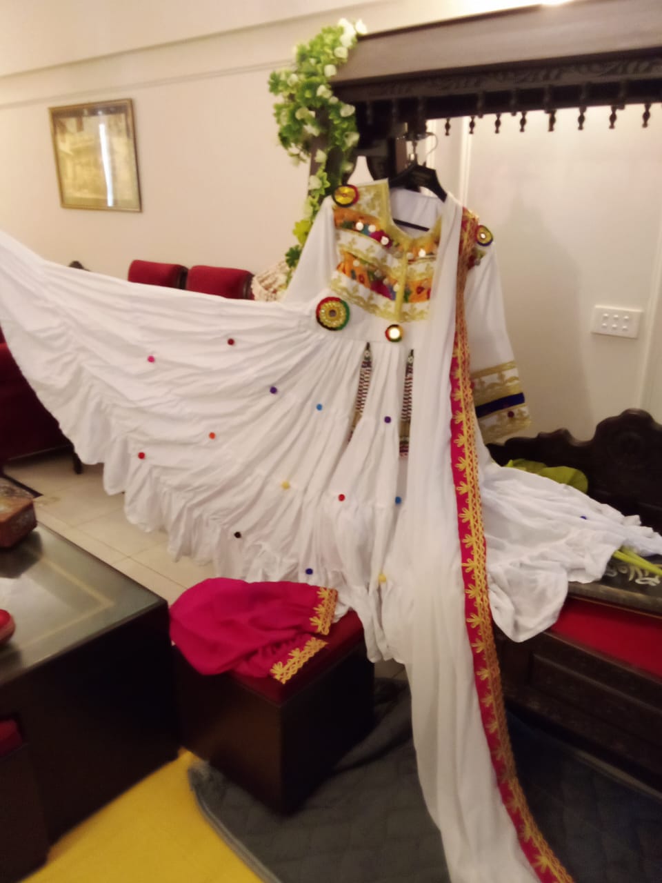 White Afghani frock with Shawl and Trouser & TWO FREE EXTRA SHAWALS, with exquisite look made for special occasions