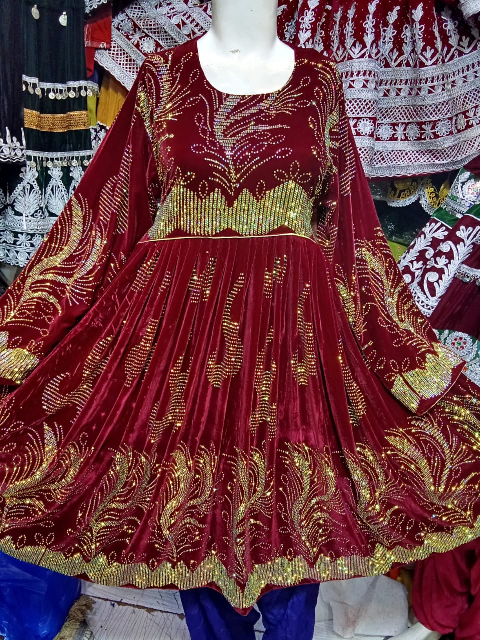 Rubby shade Velvet frock With Free Extra Afghani Shwal