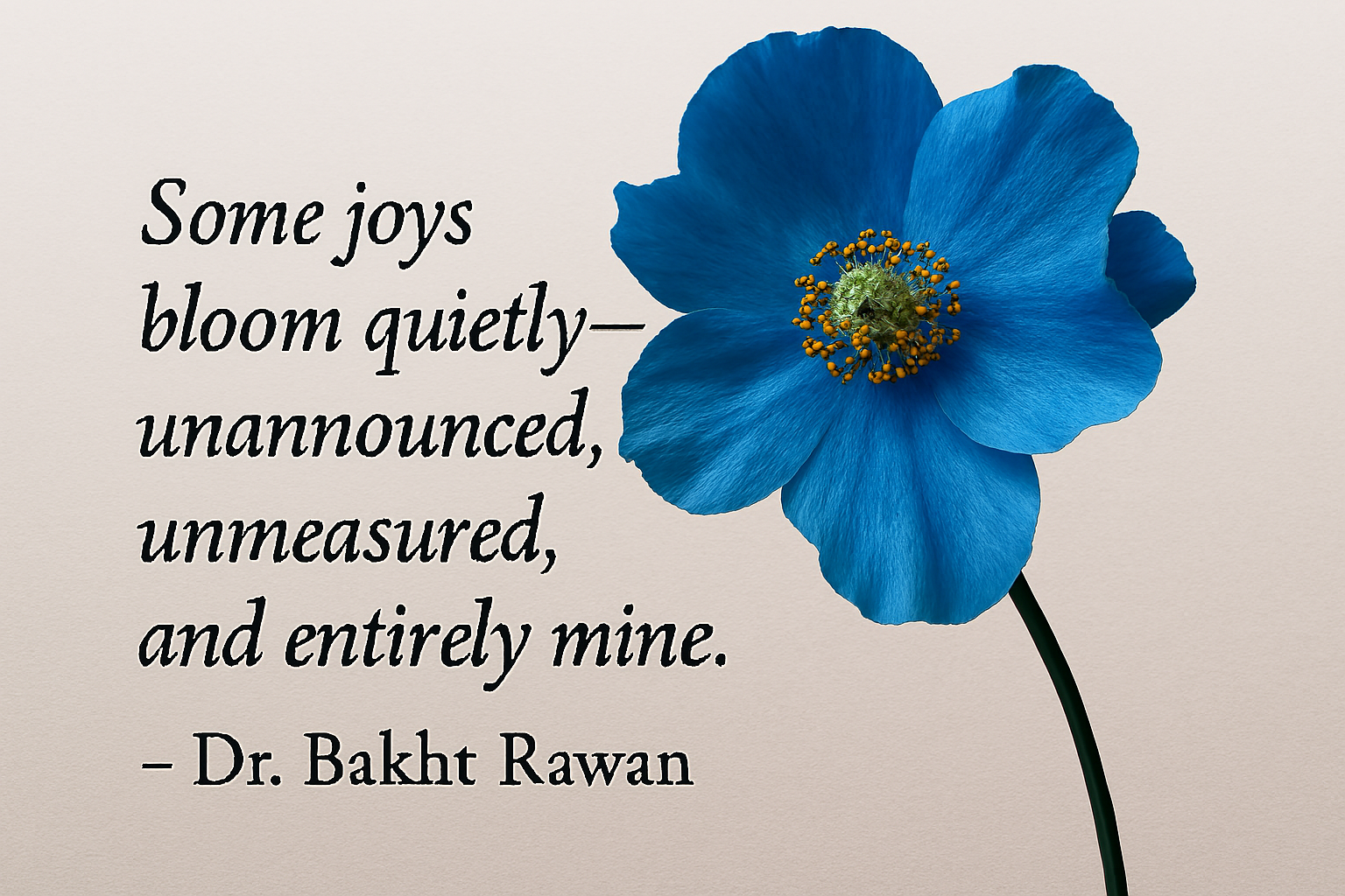 Blue poppy flower resting beside Dr. Bakht Rawan’s quote on quiet happiness—symbolizing unspoken joy, emotional clarity, and the beauty of inner peace.