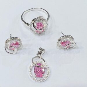 Premium Italian rhodium plated jewelry set for women with a brilliant cut cubic zirconia pendant and matching stud earrings