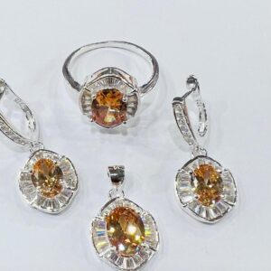 Elegant Italian rhodium silver zircon jewelry set for women featuring sparkling cubic zirconia stones in a necklace and earrings set with brilliant cut crystals.