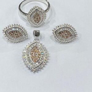 Detailed view of Italian-made rhodium plated jewelry showing precise stone setting and brilliant reflective surface